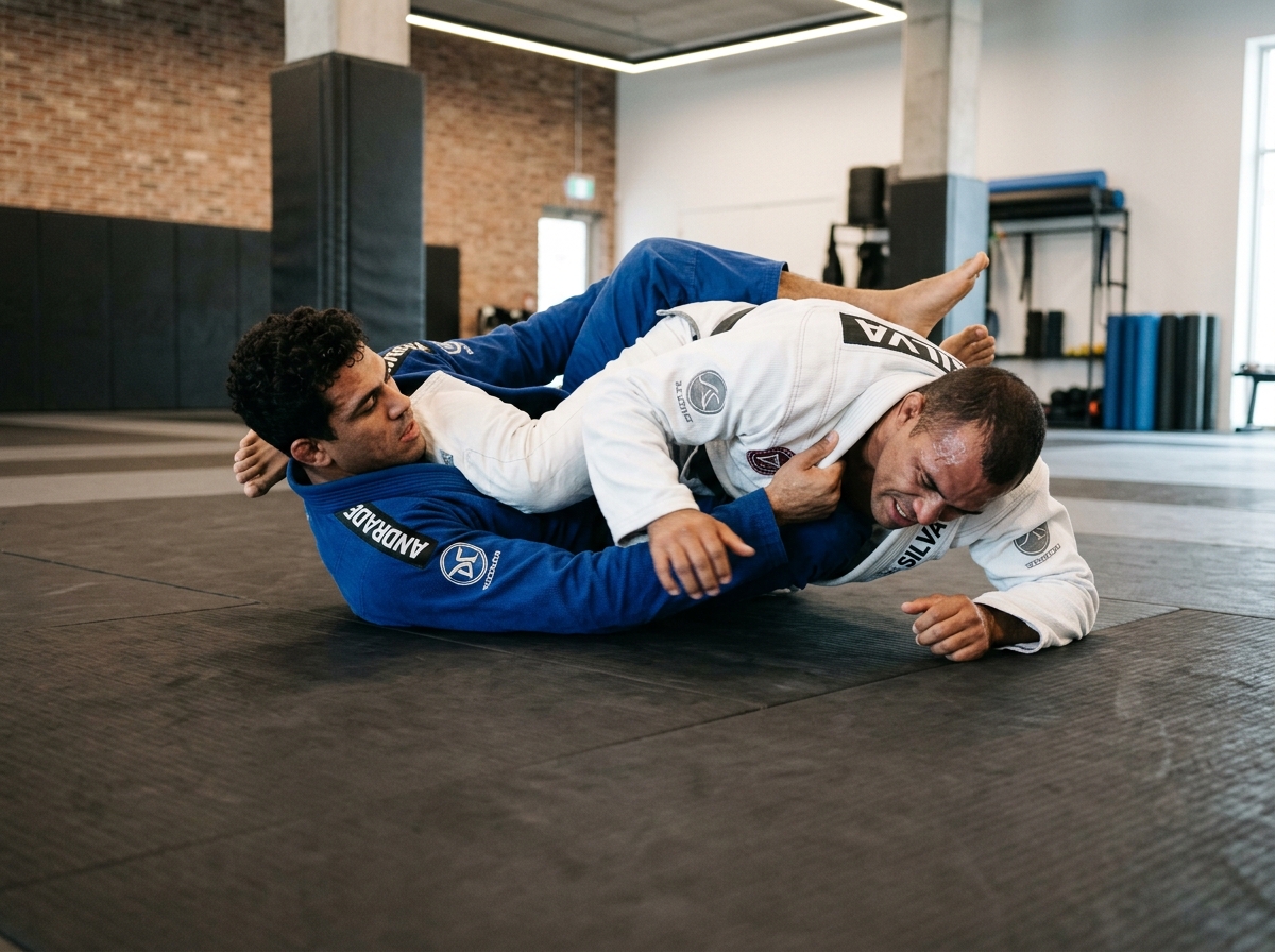 Dos deportistas practicando una técnica de jiu-jitsu