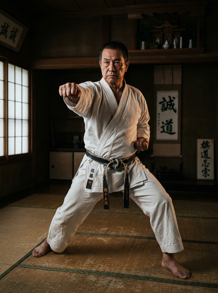 Maestro de karate practicando una técnica en el dojo