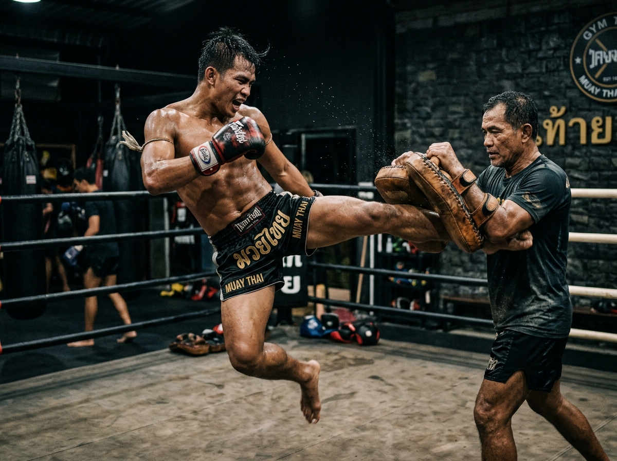 Atleta practicando Muay Thai durante un entrenamiento